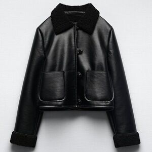 Zara Double Faced Leather Style and Sherpa Trim Jacket in Black